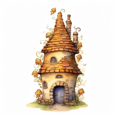 A whimsical drawing of a beehive shaped like a charming cottage, with bees flying in and out through the front door and the chimney. (Digital drawing clipart, image black border color, full body, flat texture, transparent background) , watercolor