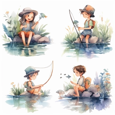 Watercolor boho fishing near a beautiful stream, illustrations clipart set, simple, soft colors, cartoon elements, different variants, cute little boy and girl fishing, separate elements with a margin