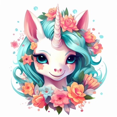 a unicorn made from cute floral flowers clipart, in the style of kawaii aesthetic, digital airbrushing, junglecore, 8k, charming anime characters, tondo, white and cyan