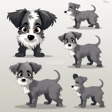 Cartoon character sheet, mutt mixed puppy terrier, dark gray and white fur, cute, funny, clipart style, vector style, character by Cory Loftis, white background v4 ar2: 3