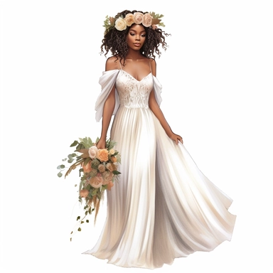 black, african American boho wedding clipart, bride in boho style wedding dress, hyper realistic, detailed, white background
