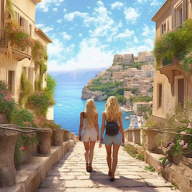 panoramic view, full view, landscape, two beautiful female best friends with blonde hair walking, smiling and chatting, beautiful faces, along a cobblestone walkway in a beautiful mediterranean town with view of beautiful blue water, cascading bougavanelia, beautiful summer day, illustration clipart, photo realistic, romantic, fantasy, ethereal, sharp focus, high detail,