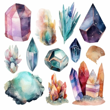 Create a clipart collection of watercolor crystals, PNG crystals, gemstones and geodes. Use watercolor drawing techniques to add an artistic and organic touch to crystals and gemstones. Add subtle details to create a realistic and captivating effect. Use bright, contrasting colors to bring the crystals to life, bringing out the natural gradients and textures of the stones. The collection should include a variety of crystal shapes and sizes, halved geodes, gemstone slices, and amethysts. This cli
