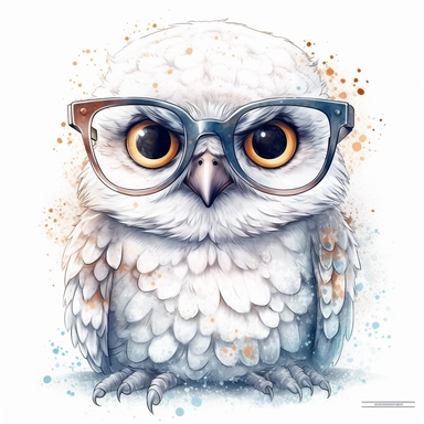 kawaii adorable fantasy snowy owl wearing cute glasses, nursery art, clipart image, line art image, white background, inspired by yoshitaka amano art, very detailed, 8k