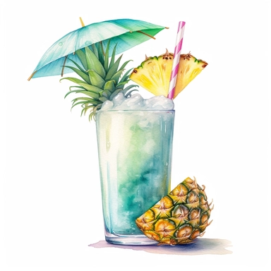 A refreshing pineapple and coconut cooler in a tall glass, with a slice of pineapple and a tiny umbrella on top , Watercolor, pastels, clipart, beautiful, colourfull, png transparent white background, high resolution, no caption q4 s2