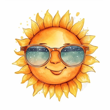Cute Beautiful Sun wearing Sunglasse Watercolor Sublimation Clipart,Cartoon, hyper realistic, intricate detail, illustration style,high solution,on the white background