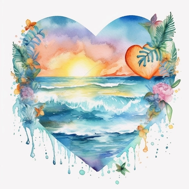 Heart beach, retro beach, beach heart, sunshine, watercolor beach heart clipart, hd, on white background, spaced out ar 3:2-- s1000