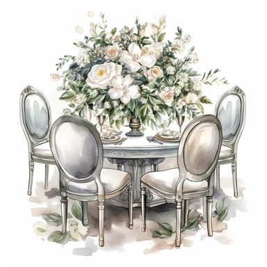 Hand drawn dining table and chairs, with a wedding centerpiece, white roses and white flowers with greenery, sparkly crystals, glamorous, very detailed and realistic, watercolor, clipart style, white background with margins