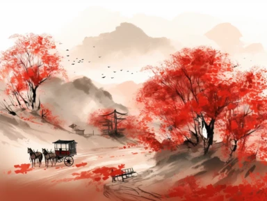 The maple leaves in the autumn mountains are red, and a Chinese carriage is parked on the winding path. soft illumination, Impressionism, Traditional Chinese Ink painting, Clipart, no background, trending in Artstation, more details