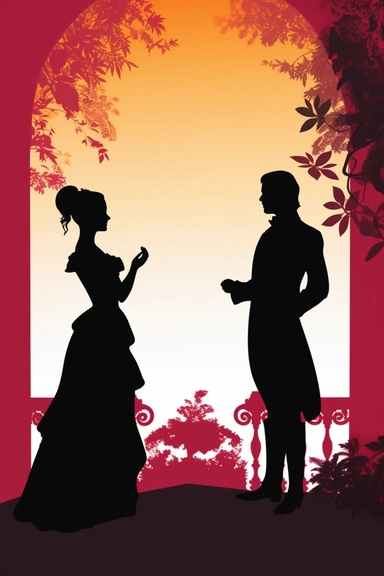 clipart silhouette angry man and woman facing away from each other with arms folded, regency era, bright colors, rose garden
