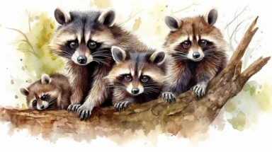 Curious Raccoons: A family of raccoons peeking out from behind a tree, with one raccoon looking directly at the viewer - cute and adorable watercolor illustration with photorealistic high details clipart, white background