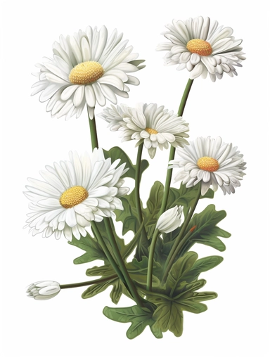 Isometric Sticker Clip Art of daisy flowers, Bellis perennis, long stem, children friendly, illustrated in a playful and realistic style, perfect for any special occasion, cut out in the shape of daisy flowers, with no visible background, giving it the appearance of a sticker, conveying a mystical and whimsical mood, edited with Adobe Photoshop to adjust brightness and contrast, rendered as a transparent PNG file with a high resolution to ensure a crisp and clear image with no pixelation, suitab