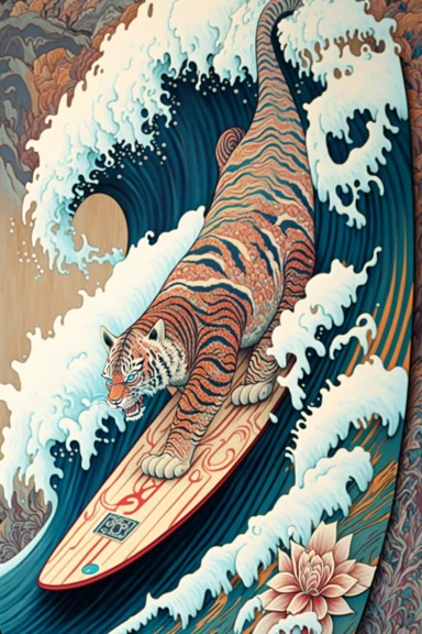 a painting of a tiger riding kanagawa wave on a longboard surfboard, behance contest winner, psychedelic art, paisley, beautiful waves in sea, james jean and clyde caldwell, clipart, hi - fructose art magazine, katherine lam, artgram, marc newsom, sovietwave,