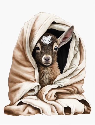 baby goat in a blanket, watercolor clipart, transparent background