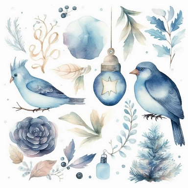 6 watercolor fancy winter clipart, isolated on white background,space out--ar3:2--s1000