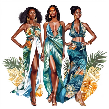 full body, 3 full-figure caribbean women in luxury resortwear, clipart style, whiote background, highly detailed, very attractive, glamourous, make up beautiful, gorgeous, glowing, happy smiling
