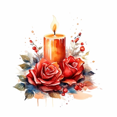 watercolor, white background, clipart, watercolor, white background, ultra-realistic and hyper-detailed clipart beautiful cozy candle with red roses, red and rich gold hues