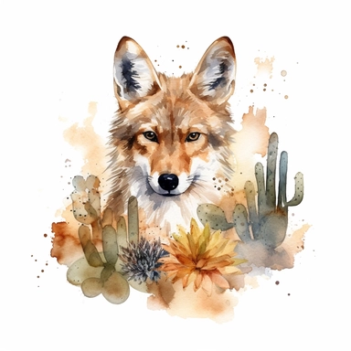 watercolor painting of a Coyote, clipart, watercolor clipart, watercolor splashes, illustration, artsy, desert, warm colors, cactuses, white background