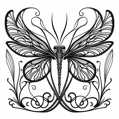 symmetrical dragonfly style fairy wings in art nouveau style, black lines, detailed, flat design, white background, clipart style, black and white,