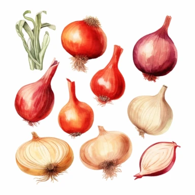 semi photorealistic outlined watercolor illustration, clipart elements, collection [Onions (Red) vegetable] cozy elements, detailed, pastels, beige, spaced, isolated white background