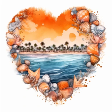 Orange beach heart shape, illustration clipart, detailed, black outline, white background, digital art, watercolor
