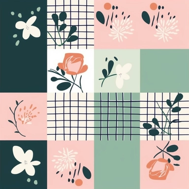 simple grid Pattern | GENRE: digital graphic clipart Art | EMOTION: cheerful | SCENE: A seamless pattern featuring simple digital graphic clipart art grid pattern in same sizes, with balanced negative space, in a peaceful and dreamy color palette | TAGS: doodle, floral, pattern, simple, cheerful | DESIGN ELEMENTS: Organic shames, bold textures, ample negative space | AESTHETIC: cheerful cartoon | COMPOSITION: Seamless, repeating pattern with a harmonious arrangement of elements and balanced nega