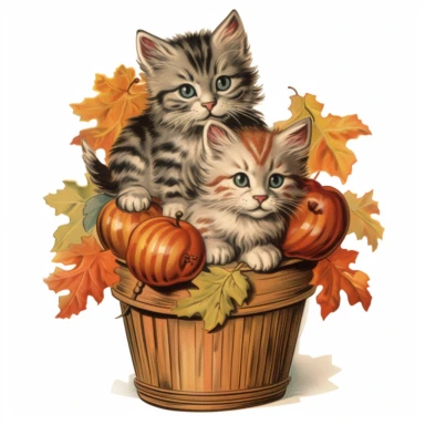 illustration of autumn themed basket of kittens, vintage clip art