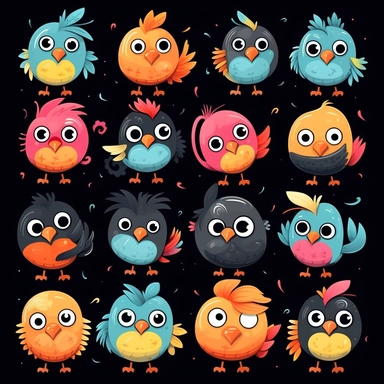 cute cartoon bird clipart, black background,--no cut off edges