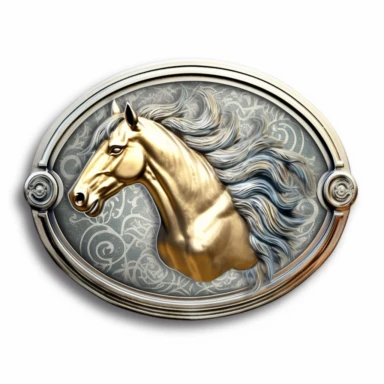 Oval western belt buckle in silver and gold with Horse Head print, watercolor, clipart, illustration, white background, digital painting, paper crafting, no signature, no text