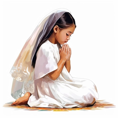 young filipina girl wearing a first communion veil. kneeling and praying in a catholic church. cartoon art. vector. high contrast. clip art. icon. white background. watercolor