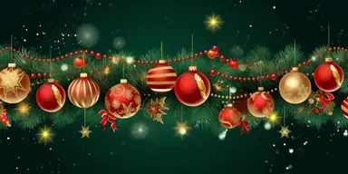 Christmas red and green with bokhe background, festive horizontal border. Golden bell. Assorted ornaments, green gold glass balls, stars, snowflakes, fir tree twigs, candy cane. Winter holiday clip art. Seasonal decor