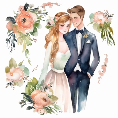 watercolor groom and bride cartoon clipart, white background