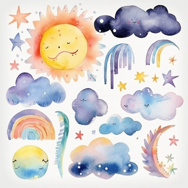 watercolor clipart graphics, weather theme, clouds, sun, rain, moon, wind, snow, lightning, sun, rainbow isolated elements