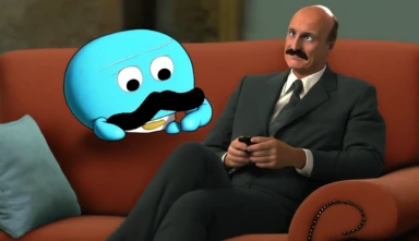 dr phil in his dr phil suit, laying on a couch getting therapy from clippy the microsoft helper clip, therapy, hd,