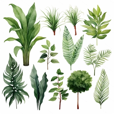 BOSTON FERN, DWARF DATE PALM, SPIDER PLANT, CHINESE EVERGREEN, DEVIL’S IVY, BROADLEAF LADY PALM, PEACE LILY, BARBERTON DAISY, watercolor, Object, vector collection, clipart, 8k, white background.