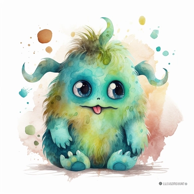 cuddly, super soft looking monster, clipart pictute, childrens book illiustraition style, hd, 8k, turquois, brownish, blueish, greenish, , isilated white background , watercolors