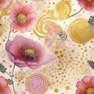 cute doodle flowers and spirals and circles pattern, watercolors and gold glitter watercolor clipart png on white background