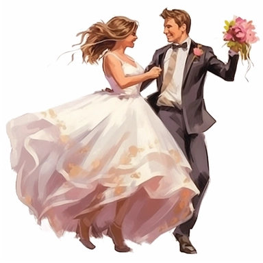 watercolor, drawing, illustration of the bride and groom, the bride is a little fat ( a little overweight 180 pounds ), the bride has a short haircut, laughing, wedding dance, holding a bouquet, flowers, clipart, high resolution image, detailed image, photorealistic, 3D, 4K