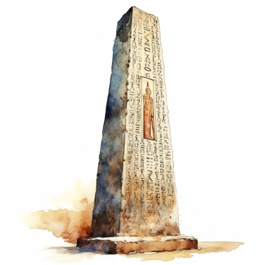 Clipart, watercolor, white background: An ancient Egyptian obelisk standing tall and proud, covered in hieroglyphs and marking important landmarks and sacred sites.