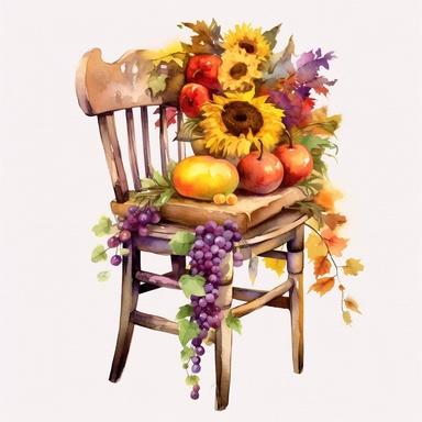 watercolor mixed media masterpiece kitchen beautiful white rustic chair, richly decorated with autumn flowers in yellow, orange, and purple, field, landscape, provence, golden accents, shabby shic style, by Vladimir Kush style and by Daniel Ridgway Knight