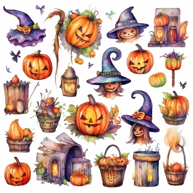 Watercolor halloween themed, illustrations clipart set, simple, christmas colors , cartoon elements,pumpkins, broom, witch hat, skeletons, baskets full of candy, candies, bats, lanterns different variants , separate elements with a margin
