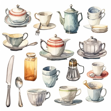 Watercolor vintage tea party items, illustrations clipart set, simple, soft colors, cartoon elements, different variants, teapot, sugar bowl, jug of milk, , stacked china plates, tongs, china cup and saucer,napkin, stacked teacups, ,silver knife, ,silver fork, ,silver spoon,napkin, place holders, separate elements with a margin
