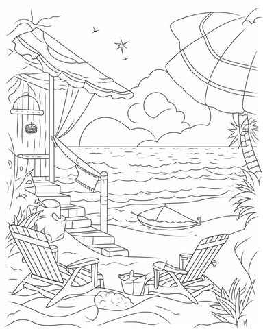 Adult Coloring Book Featuring Fun and Relaxing Beach Vacation Scenes, Peaceful Ocean Landscapes and Beautiful Summer Designs, coloring page line art, black and white clipart for a kids coloring page, simple and clean line art, illustration style,
