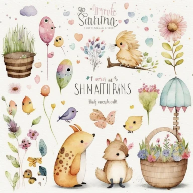 spring time watercolor storybook illustrations clipart set, watercolor, white background, simple, soft colors, boho, minimalism ,garden tools accessories ,birds, butterflies, balloons, wooden pots, rubber boots ,hedgehog, bunny, ladybirds