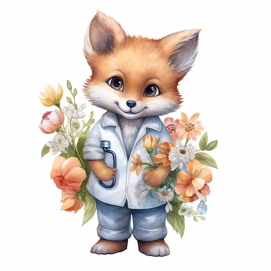 watercolor clipart, white background, cute baby fox, in style doctor, in a doctor's coat, in the paws a bouquet of flowers, high solution