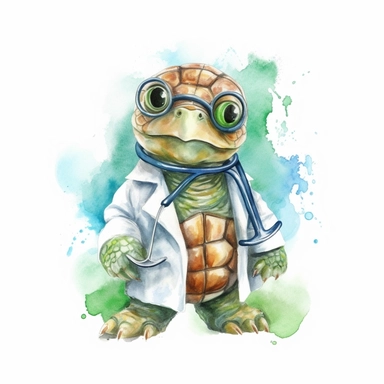 watercolor clipart, vey cute happy turtle, wearing a stethoscope and a white coat, working as a veterinarian, watercolor style, realistic, bright colors, 300 dpi, 8k, white and clear background, high solution