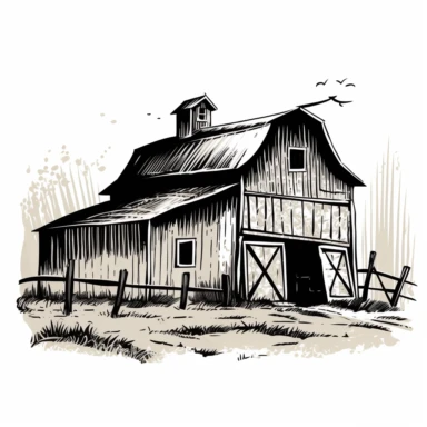 black and white clipart, simple old barn, white background