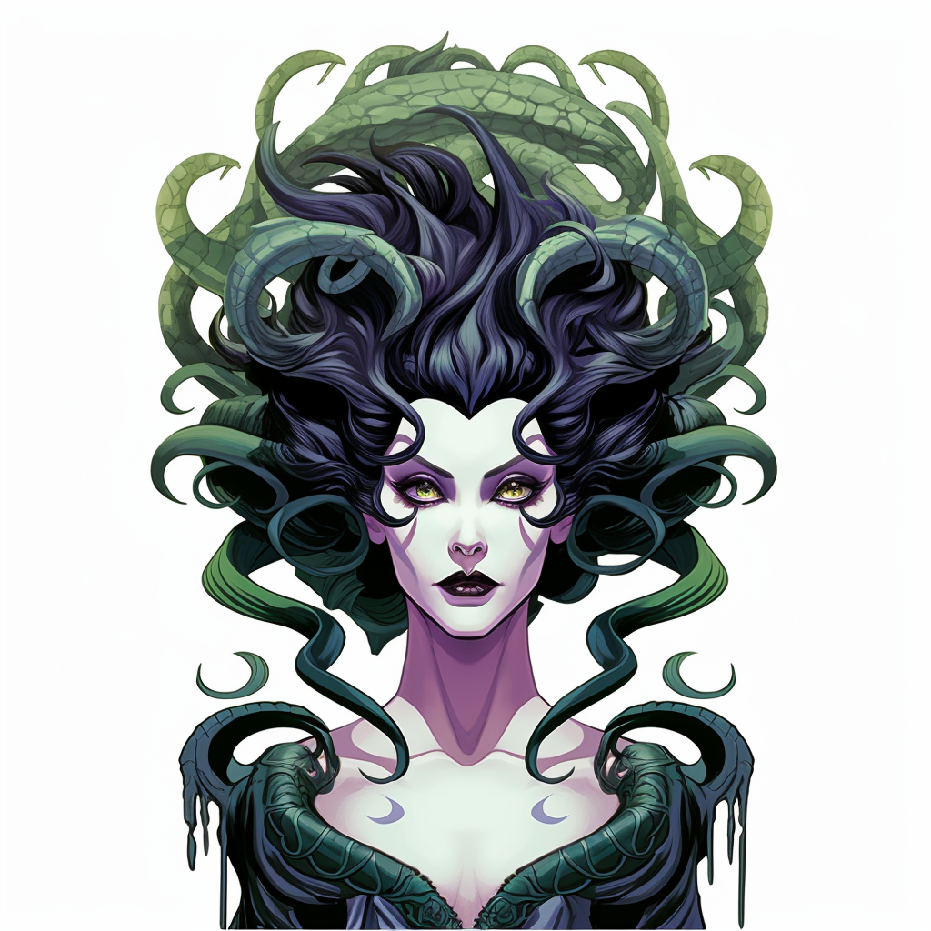 2d thick-lined disney clipart illustration of the head of medusa with ...