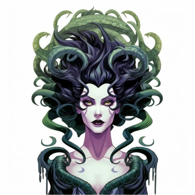 2d thick-lined disney clipart illustration of the head of medusa with snakes, white background