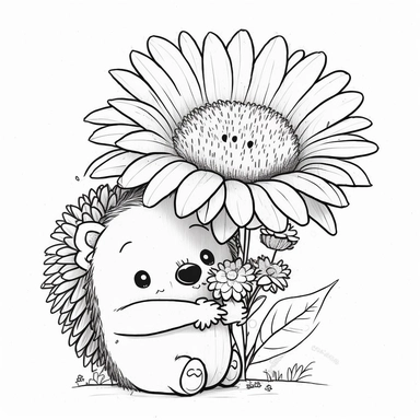 Happy cute cartoon hedgehog hugs a flower, white background, anime style, incredibly detailed , thick outline , Create a sketch of a black and white  Cute and adorable cartoon it , fantasy, dreamlike, surrealism, super cute, trending on artstation design, in a minimal and lineal style. The tattoo should be simple, with clean lines and minimal detail. The sketch should be done in pen or pencil , looking to the camera, clipart, , white background, summer flowers at the bottom, cute, love vibes, su